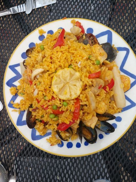 Paella Espanola at the Columbia restaurant in St. Augustine Florida Spanish Seafood Paella Recipe Authentic, Columbia Food, Paella Aesthetic Spain, Columbia Restaurant 1905 Salad, Seafood Paella Aesthetic, Best Paella In Barcelona, Columbia Restaurant, Cuban Dishes, St Augustine Florida