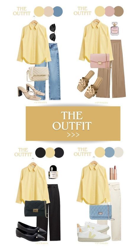 Fashion Mix And Match, Yellow Dress Shirt Outfit, How To Style Yellow Shirt, Yellow Shirt Outfit Hijab, Yellow Shirt Outfit Women Casual, Hijab Summer Outfits 2024, Summer Fit Inspo 2024, Yellow Color Combinations Outfits, Colour Matching Clothes