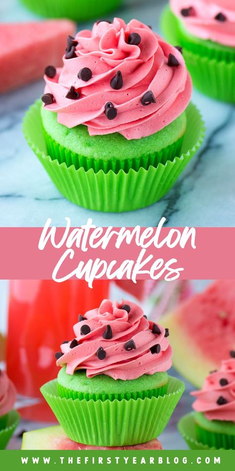 watermelon cupcake pin with text overlay Watermelon Dessert, Watermelon Cupcakes, Cupcakes Design, Cupcakes With Buttercream, Summer Cupcakes, Green Cupcakes, Colorful Nail, Watermelon Seeds, Cupcake Flavors