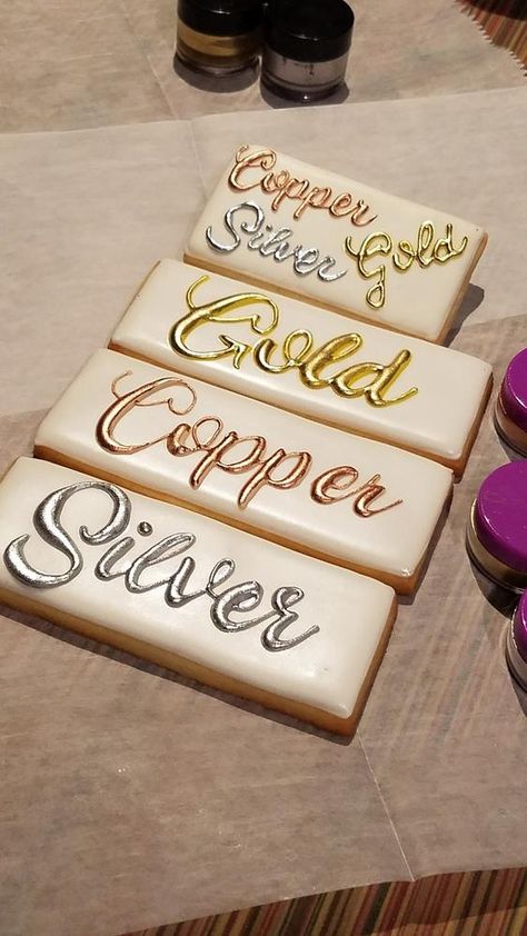 Painting with Metallic Copper, Gold & Silver dusts Gold Cookie Icing, Silver Decorated Cookies, How To Make Metallic Gold Royal Icing, How To Make Silver Icing, How To Write With Icing On Cookies, Painting Royal Icing Cookies, Gold Royal Icing Cookies, How To Make Gold Royal Icing, How To Write On Cookies