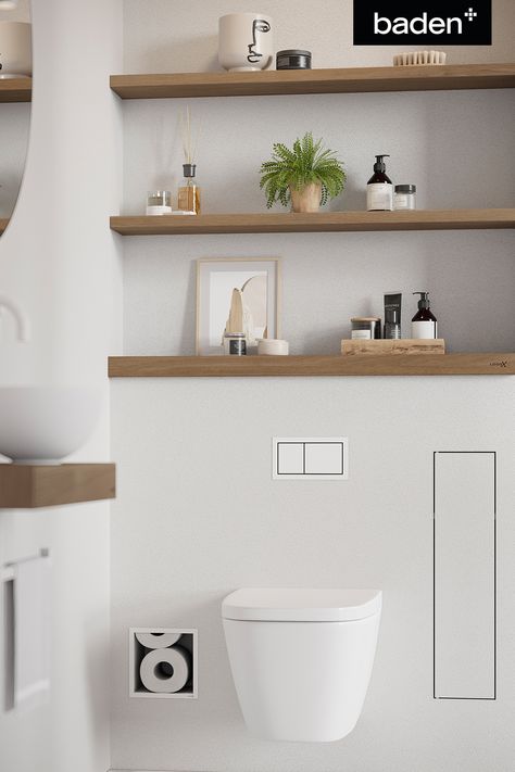 Big Bathroom Design, Niche Shelf, Floating Toilet, Shelves Above Toilet, Warm Bathroom, Bathroom Niche, Shelves Over Toilet, Toilet Shelves, Small Toilet Room