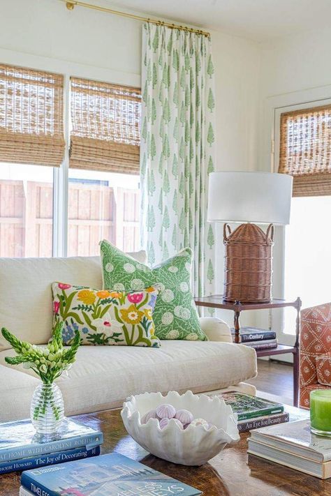 Southern Home Magazine Interiors, Colorful Timeless Home, Living Room Pops Of Green, Cool Beach House Interiors, Colorful Coastal Homes Interior, Coastal Living Rooms Pop Of Color, Subtle Color Home Decor, How To Style Short Windows, Palm Beach Living Room Decor