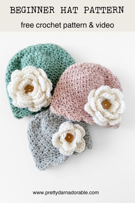 Create matching hats with my free crochet pattern for the Sweet Scalloped Beanie! This beginner-friendly pattern includes a detailed video tutorial and features a beautiful crochet rose. Made with worsted weight yarn, it's perfect for both moms and kids. Click now to see how easy it really is! Winter Hat Crochet Pattern, Easy Crochet Baby Hat, Easy Crochet Hat Patterns, Girls Crochet Hats, Beanie Knitting Patterns Free, Crochet Hat For Beginners, Beanie Hat Pattern, Matching Hats, Crochet Baby Beanie