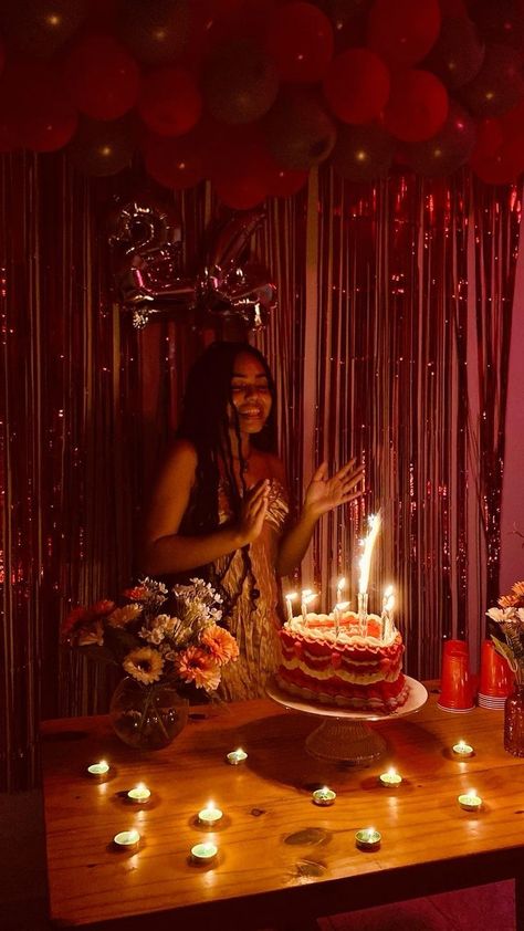 Red Light Party Aesthetic, Red Back Drop Photoshoot Ideas, Dark Red Party Aesthetic, Red 21st Birthday Cake, Birthday Cake 21st Birthday Cake, Red Bday Party Theme, Red Birthday Theme Decoration, Red And Gold Birthday Party Decoration, Red Aesthetic Birthday