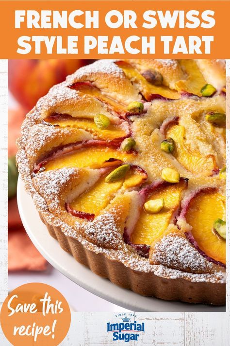 Delight in a delicious treat with our fresh Peach Tart recipe! A buttery tart crust filled with almond frangipane and topped with juicy, ripe peaches. Decorate with pistachios for an extra touch. Perfect for serving anytime, this Peach Tart is a delightful dessert that everyone will love. Get the recipe now and bake up some peachy goodness! Peach And Almond Tart, Peach Tart Recipe, Peach Tart Recipes, Almond Frangipane, Almond Filling, Tart Crust, Peach Tart, Tarts Crust, Blue Desserts