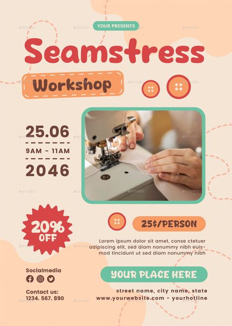 Seamstress Workshop Flyer Seamstress Workshop, Workshop Flyer, Sewing Class, Street Names, Vector Illustrations, Illustrations