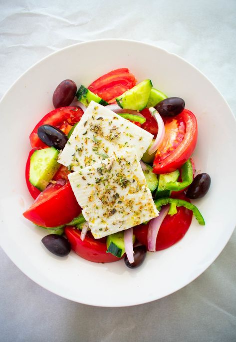 Horiatiki Salad With Tomato, Cucumber, Onion, Pepper, Feta Cheese, And Olives Horiatiki Salad, Classic Greek Salad, Greek Salad Recipe, Greek Appetizers, Tzatziki Recipes, Greek Salad Recipes, Greek Cooking, Greek Dishes, Greek Salad