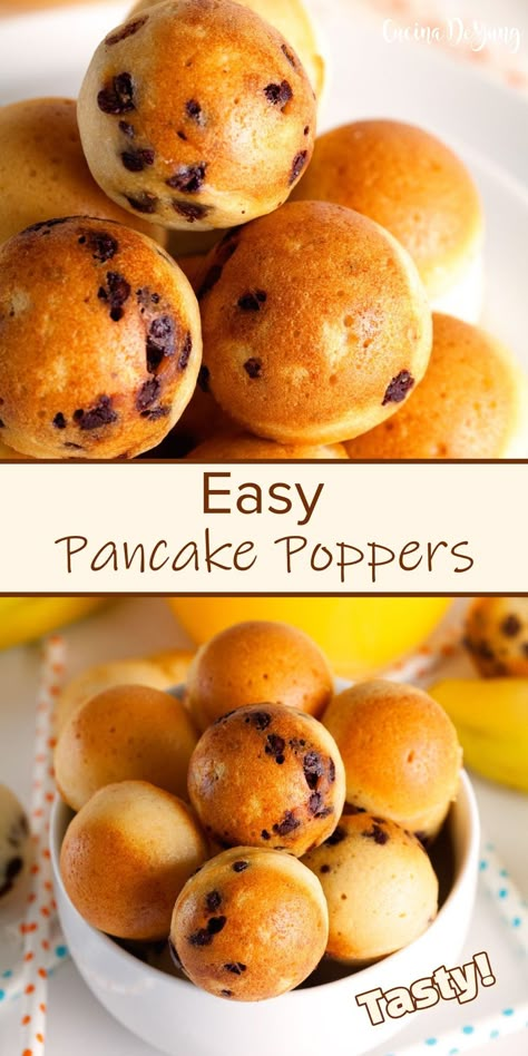 Easy Pancake Poppers - CUCINADEYUNG Easy Cute Brunch Ideas, Pancake Puffs Muffin Tins, Things To Cook Healthy, Pancake Snack Ideas, Pancake Balls Cake Pop Maker, Easy Snacks Breakfast, Something Easy To Make For Breakfast, Sweet Meal Ideas, Breakfast Snack Recipes