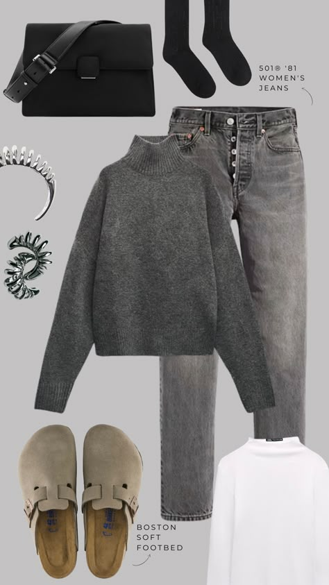 #ootd #outfit #fashion #lookoftheday #fashioninspo #outfitinspo #whattowear #cozyoutfit #dailylook #look #outfitinspo #totalgrayoutfit #birkenstock #bostonshoes Winter Birkenstock Outfit, Grey Jeans Outfit Winter, Gray Jeans Outfit, Grey Boots Outfit, Grey Jeans Outfit, Saturday Fashion, Gray Outfit, Chill Outfit, Coffee Date Outfits