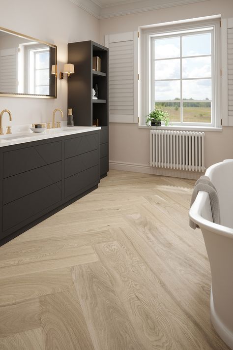 The I-Tex Range features a wide range of designs including striking encaustic tile looks, muted and distressed patterns, and herringbone wood plank design so you’re able to easily transform any living space and make a feature of your floor! #livingroom #herringbone #patternedfloor Herringbone Floor Bathroom, Bathroom Ideas Wood, Luxurious Bedrooms Interior, Bedroom Floor Tiles, Wood Tile Bathroom Floor, Plank Tile Flooring, Wood Effect Floor Tiles, Wood Look Tile Floor, Wood Tile Bathroom