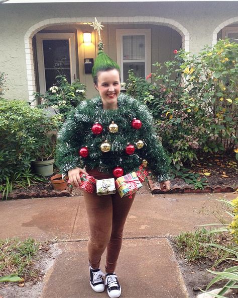 Christmas tree ugly sweater costume Homemade Ugly Christmas Sweater, Ugly Christmas Sweater Diy Funny, Funny Christmas Costumes, Ugly Christmas Sweater Outfit, Christmas Tree Costume, Christmas Tree Ugly Sweater, Ugly Christmas Sweater Contest, Diy Christmas Sweater, Tree Costume