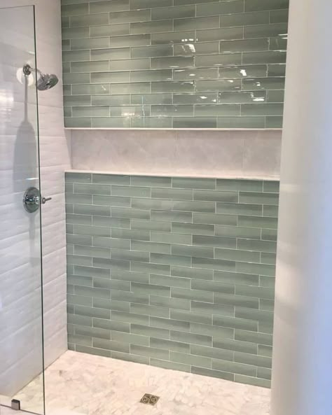 Green Tile Bathroom Shower Ideas, Bathroom Tile Mediterranean, Bathroom Interior Design Green Tiles, Shower Tile With One Accent Wall, Bathroom Alcove Storage, Beach Shower Tile Ideas, Aqua Shower Tile Ideas, Long Shower Niche Ideas, Green Glass Subway Tile Bathroom