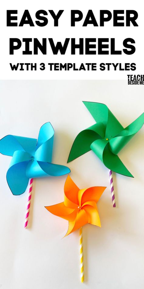 Easy homemade paper pinwheels with 3 styles of templates! Making Paper Pinwheels, How To Make Paper Pinwheels, How To Make A Pin Wheel, Diy Pinwheels For Kids, Pin Wheels Craft, How To Make A Pinwheel, How To Make A Kite, Pinwheels Craft, Spring Time Crafts