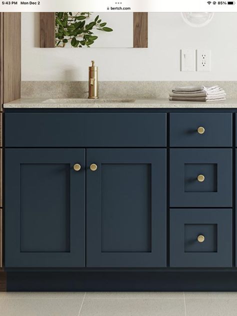 Dark Blue Bathroom Cabinets, Blue Bathroom Cabinets, Dark Blue Bathroom, Dark Blue Bathrooms, Black Counters, Blue Cabinets, Blue Bathroom, Bathroom Cabinets, Black Bathroom