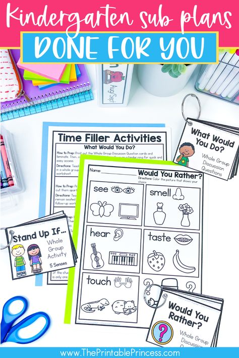 Whether you're planning on being absent or are unexpectedly out, these tips for prepping your kindergarten sub plans will make life easier for you and your sub. Plus, you'll find easy prep math and literacy activities and editable class information sheets that you can use for your sub plans. #kindergartenteacher #iteachk Subbing Kindergarten Ideas, Substitute Teacher Ideas Kindergarten, Kindergarten Substitute Activities, Sub Plans First Grade, Kindergarten Sub Plans, Fun Activities For Kindergarten, Time Filler Activities, Substitute Teacher Activities, Sub Binder