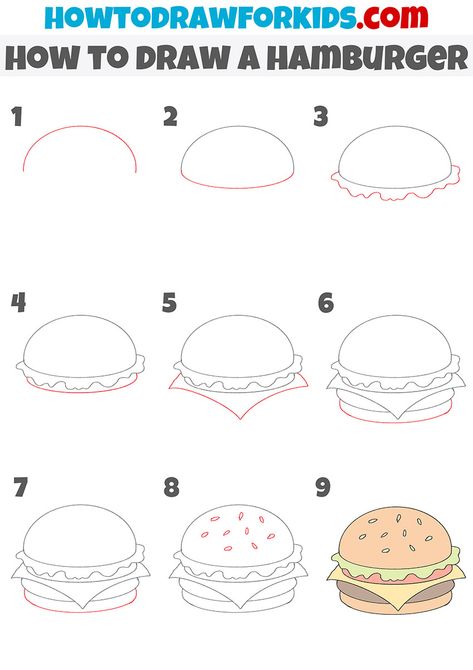 how to draw a hamburger step by step How To Draw A Hamburger, How To Draw Burger, Hamburger Drawing Easy, Food Doodles Easy Step By Step, Drawing Food Step By Step, Easy Food Drawings Step By Step, Step By Step Food Drawings, How To Draw A Burger, Burger Drawing Easy