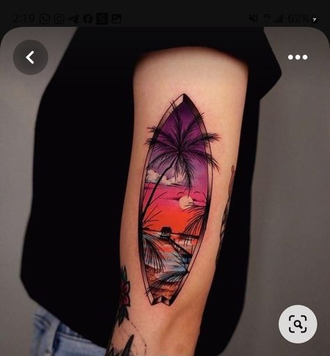 Color Beach Tattoo, Island Vibe Tattoo, Tatoos God, Unique Beach Tattoos, Sunrise Tattoos, Beach Tattoo Ideas, Beachy Tattoos, Beach Tattoos, Surf Tattoo