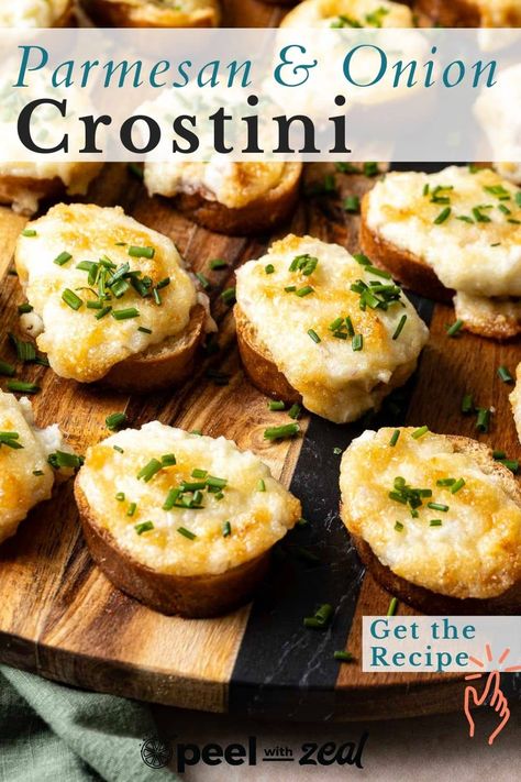 Baked parmesan crostini is a delicious, easy appetizer for your holiday parties. This simple appetizer is easy to whip up and big on flavor thanks to a onion and parmesan topping that is baked until golden brown. Make this for your next brunch or dinner party! Onion Appetizer Recipes, Baguette Appetizers, French Bread Appetizers, Parmesan Crostini, Baguette Appetizer, Gluten Free Appetizer Recipes, Onion Appetizers, Gluten Free Lunch Ideas, Gluten Free Appetizer