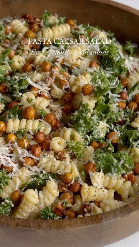 Jess Hoffman | Kale Pasta Caesar Salad!😍 Welcome to episode one of seriously good salads! Today we’re making a kale pasta caesar salad with crispy… | Instagram Pasta Ceased Salad, Pasta And Kale Salad, Cesar Kale Salad, Whole Foods Pasta Salad Recipes, Ceasar Kale Pasta Salad, Pasta Ceasar Salad Chicken, Pasta Salad Recipes Chickpeas, Pasta Cesar Salad Recipe, Grilled Kale Salad