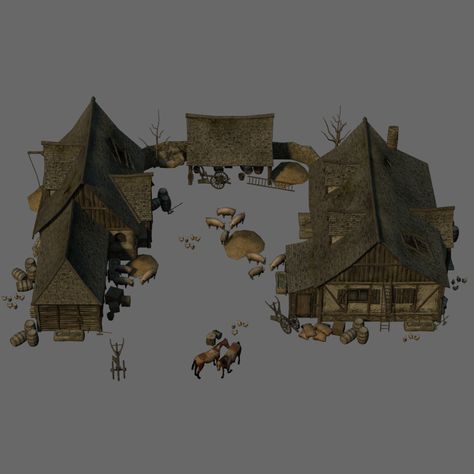 Medieval Farm - Extended License 3D Models Extended Licenses Dante78 Medieval Farm Concept Art, Medieval Farm, Building Diorama, Sims Medieval, Base Ideas, Fantasy Village, Farm Paintings, Medieval Houses, Island Ideas