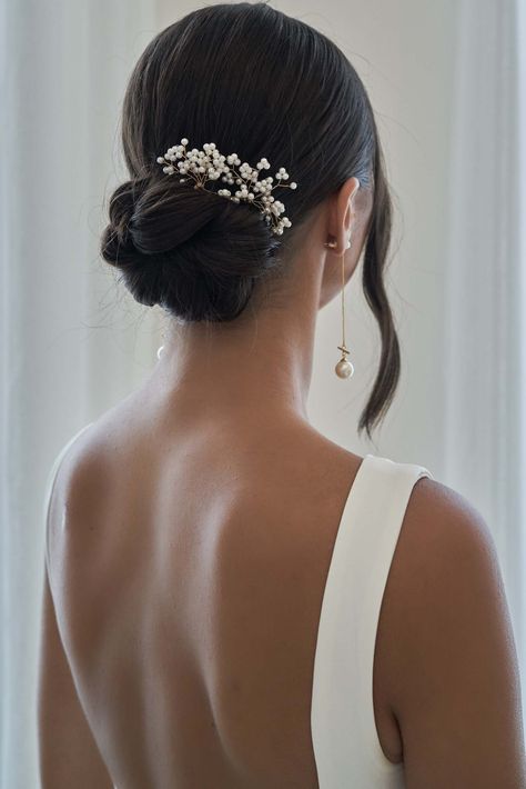 Low Bun Hair Piece, Low Bun Wedding Hair With Comb, Bride Hair Elegant, Bridal Hair Bun With Hair Piece, Bride Hair With Hair Piece, Sophisticated Bun Hairstyles, Flowers In Hair Bridesmaids, Bridal Updo Pearls, Ballet Core Hairstyles