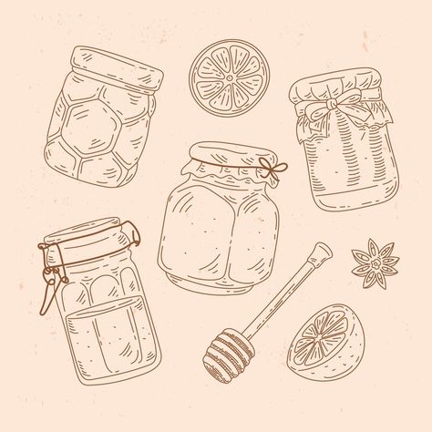 Honey Jar Sketch, Honey Jar Art, Honey Drawing Cute, Vintage Cute Drawing, Honey Dipper Drawing, Vintage Style Drawing, Jelly Jar Tattoo, Mason Jar Illustration, Jar Of Honey Drawing