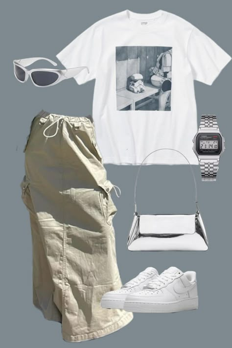 Y2k Outfits Oversized Shirt, Outfit Ideas Cargo Skirt, Long Cargo Skirt Outfit Plus Size, Outfit With Cargo Skirt, White Cargo Skirt Outfit, Cargo Skirt Outfits Women, Oversized White Tshirt Outfit, Casio Silver Watch, Long Cargo Skirt Outfit