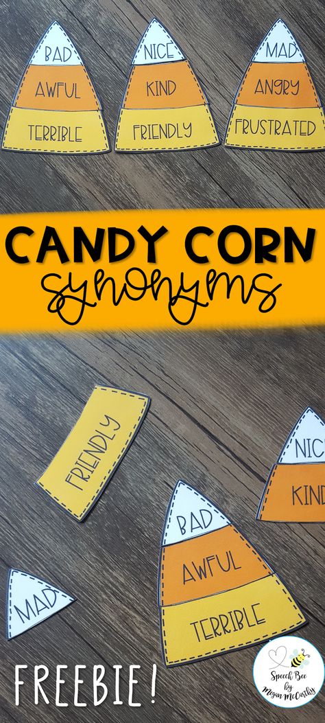 These candy corn synonyms are perfect for seasonal synonym matching! My students always love holiday themed activities in our speech and language session. These simple synonym cards are very low prep--simply print, laminate, and cut! You can play "I have, who has", hide them in sensory bins, play memory, and more! How will you use them?? (24 synonym groups included.) Antonyms Activities, Synonym Activities, October School, Early Intervention Speech Therapy, Career Ideas, Speech Therapy Games, Slp Activities, 4th Grade Ela, 2nd Grade Ela