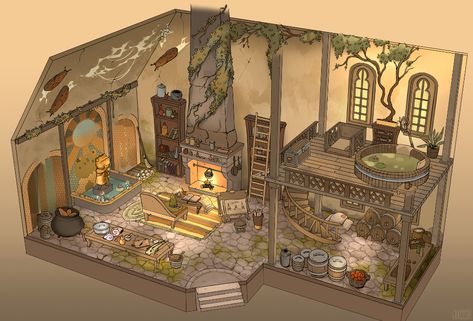 ArtStation - Wizard's home, Julia Guljar Fantasy Bath House Concept Art, Fantasy House Interior Art, Drawing Room Concept, Nautical Drawing, Interior Concept Art, Witch Hut, Room Concept, Romantic Drawing, House Interior Living Room