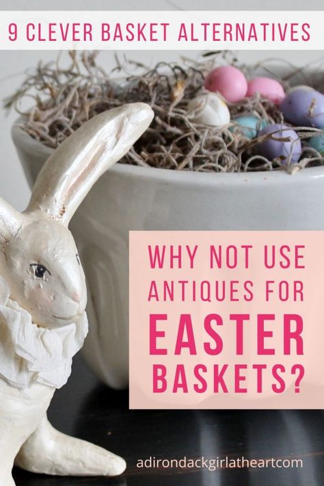 EASTER BASKETS: Try something new this year: use vintage or antiques to hold your family's Easter treats. You'll be glad you did! #vintage #antique #Easter #homedecor Antique Egg Basket, Easter Vintage Decor, Easter Breakfast Table, Antique Easter Decorations, Easter Basket Alternatives, Large Easter Basket, Vintage Easter Baskets, Antique Ideas, Vintage Easter Decor