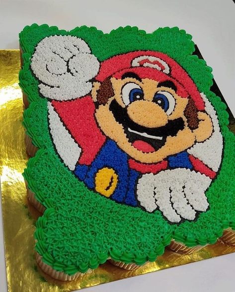 Super Mario Cupcake Ideas, Mario Pull Apart Cupcakes, Super Mario Cupcake Cake, Super Mario Bros Cupcakes, Super Mario Sheet Cake, Mario Cookie Cake, Mario Cupcake Ideas, Mario Birthday Cupcakes, Mario Cupcake Cake