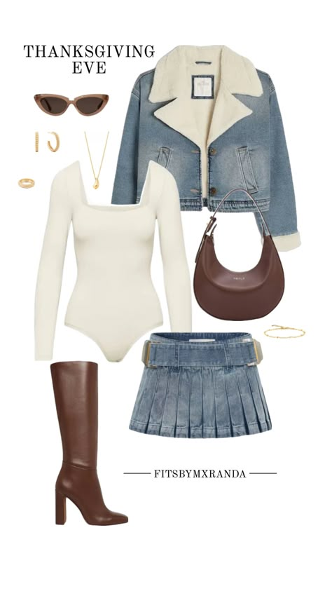 THANKSGIVING EVE OUTFIT #outfitinspo #thanksgiving #thanksgivingeve #outfit #fallfashion #outfitinspiration Skirt Outfits Thanksgiving, Thanksgiving Football Game Outfit, Work Outfits Boots, Thanksgiving Eve Outfit, Jean Skirt Outfit Ideas, Thanksgiving Eve Outfits, Chic Thanksgiving Outfit, Christmas Eve Outfits, Fancy Casual Outfits