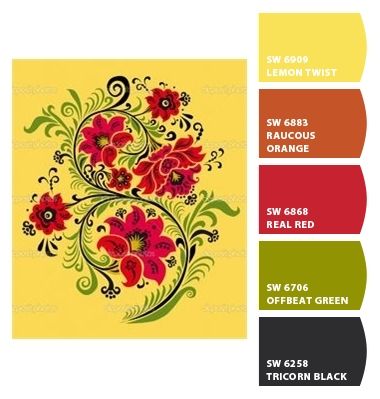 Paint colors from ColorSnap by Sherwin-Williams - RUSSIAN FOLK ART HOUSE Scandinavian Folk Art Color Palette, Russian Folk Art Painting, Russian Color Palette, Folk Color Palette, Folk Art Color Palette, Folk Art House, German Folk, Russian Folk Art, Paint Color Schemes