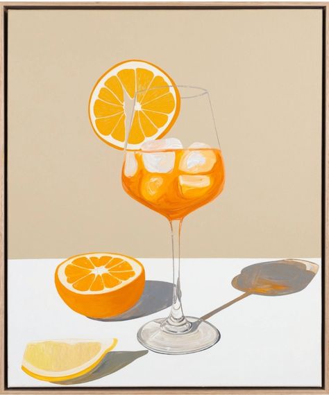 Food Paintings Acrylic, Acrylic Painting Illustration, Graphic Acrylic Painting, Paint Ideas Acrylic, Paint And Sip Paintings, Drink And Paint Ideas, Painting Orange, Orange Painting Ideas, Drinks Painting