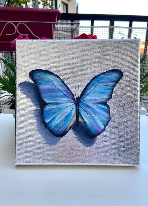 #butterfly #silver #oilpainting Painting Butterfly, Painted Butterfly, Butterfly Paintings, Butterfly With Acrylic Paint, Acrilic Paintings Butterfly, Two Canvas Butterfly Painting, Detailed Butterfly Painting, Butterfly Acrylic Painting, Blue Butterfly Abstract Painting