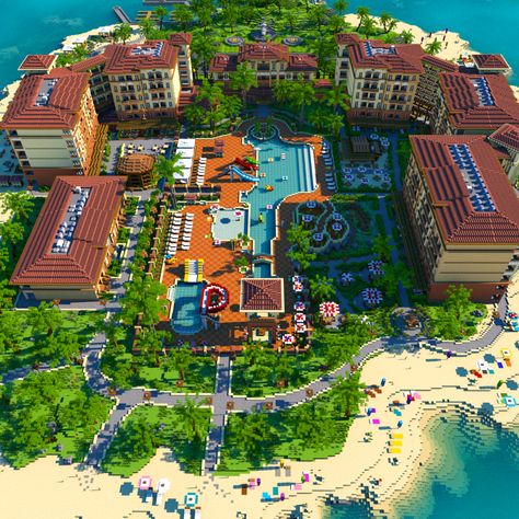 Minecraft Resort Hotel, Minecraft Holiday Resort, Minecraft Resort Ideas, Minecraft Beach Resort, Minecraft Beach Town, Minecraft Luxury House, Resort Minecraft, Minecraft Houses Mansions, Minecraft Hotels Ideas