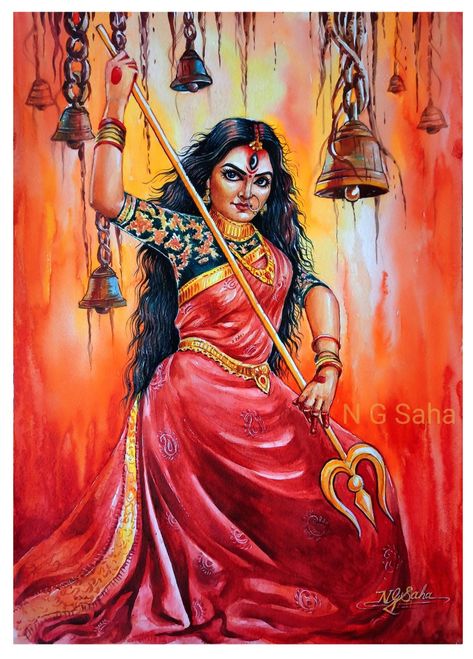 Watercolour on canson paper Goddess Kali Painting, Durga Ma Drawings, Kali Ma Drawing, Durga Maa Paintings Easy, Art Drawings Colorful, Mahabharat Drawing, Ma Durga Painting, Durga Puja Painting, Navratri Painting