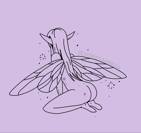 Alien Fairy Tattoo, Fairy Tattoo Outline, Drawing Ideas Outlines, Fairy Outline Tattoo, Uwu Tattoo, Goth Fairy Tattoo, Fairy Line Art, Fairy Outline, Elf Tattoo