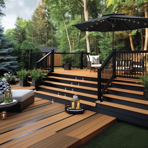 Ebony_and_Oak_Go_bold_with_ebony_for_the_main_area 10 Deck Extension Ideas Backyards, Deck Stain Ideas For Grey House, Wood Deck Black Railings, Backyard Landscaping With Deck, Deck Colour Ideas, Black And Cedar Deck, Exterior Deck Ideas, Two Color Deck Ideas, Diy Deck Remodel