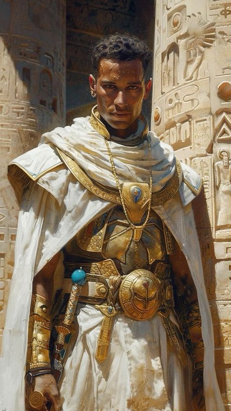 Egyptian Warrior Concept Art, Desert Warrior Fantasy Art, Egyptian Character Art, Egyptian Fantasy Art, Desert Outfit Fantasy, Fantasy Egypt, Egyptian Character Design, Ancient Egypt Aesthetic, Egyptian Man