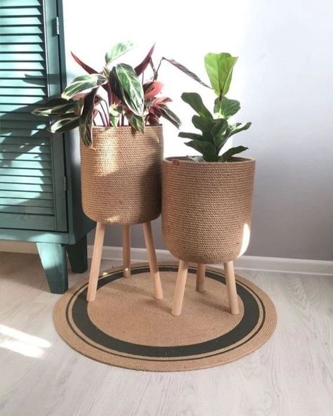 "Elevate your greenery with our handcrafted rope planter – where nature meets rustic elegance." #rawalpindi #pakistani #handmade #basket #handbag #trending Rope Planter, African Baskets Wall, African Figurines, Basket Handbag, Diy Rope Basket, Coiled Fabric Basket, Rope Decor, Rope Crafts Diy, Burlap Crafts