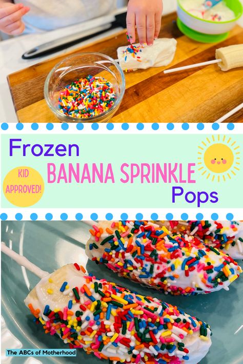 Frozen banana sprinkle pops are one of the easiest and tastiest treats you can make with your kiddos! Made in minutes and healthy too! #yummytreat #healthytreat #kidstreats #dessert #summertreat Fun Kids Desserts, Banana Pops, Yogurt Pops, Cake Pop Sticks, Kid Desserts, Kids Treat, Healthy Banana, Vanilla Greek Yogurt, Banana Healthy