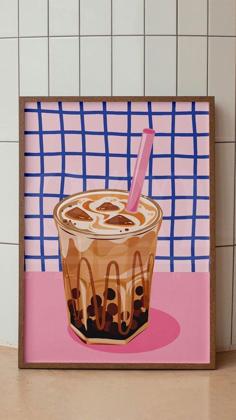 Brown Sugar Boba Bubble Milk Tea Illustration, Pink Blue Pearls Poster Kitchen Art Print Iced Coffee Coffee Corner Painting, Iced Coffee Poster Design, Illustration Art Print, Coffee Art Poster, Boba Graphic Design, Coffee Prints Art, Coffee Pattern Design, Abstract Coffee Art, Iced Coffee Painting