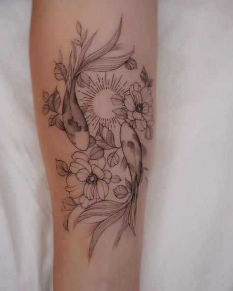 Pisces Tattoo With Flowers, Koi Fish With Flowers Tattoo, Koi Tattoo Sleeve, Pisces Tattoo Designs, Lillies Tattoo, Tattoos To Cover Scars, Flower Tattoo Meanings, Pisces Tattoos, Tattoos For Women Half Sleeve