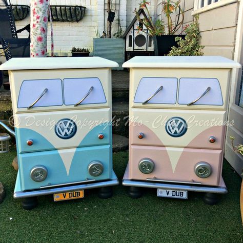 Blue Pink Retro VW Campervan Style Chest Drawers Bedside Table Working lights   | eBay  I found these on eBay and thought everyone should see them the detail is gorgeous! I never noticed straight away but the drawer handles are all strategically placed . Amazing ! Funky Dresser Makeover, Hippy Furniture, Hippy Bedroom, Hippie Bedroom, Hippy Room, Diy Furniture Bedroom, Deco Originale, Diy Dresser, Volkswagen Bus