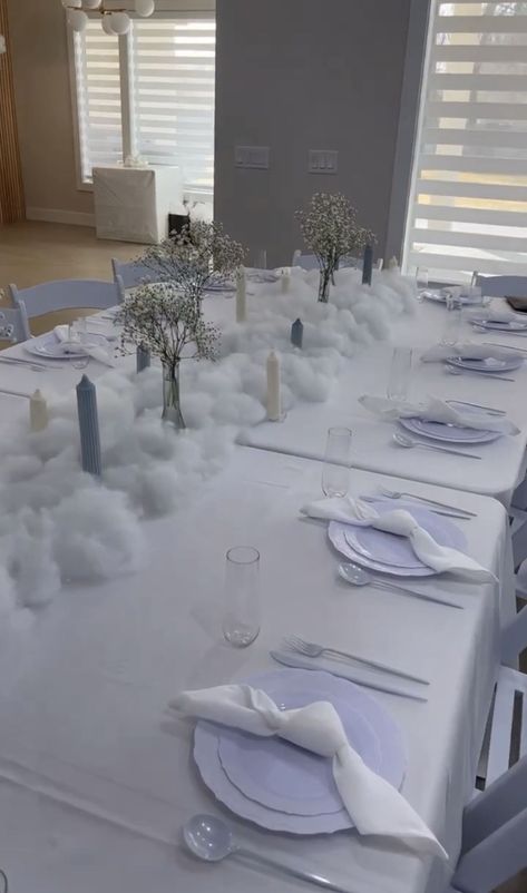 Cloud 9 Table Setting, Cloud Table Runner, Clouds Dessert Table, 27th Heaven Birthday Party, Cloud Theme Baby Shower Invitations, Wedding In The Clouds, Cloud Bday Theme, Cloud Theme Balloon Arch, Cloud 9 Table Decorations