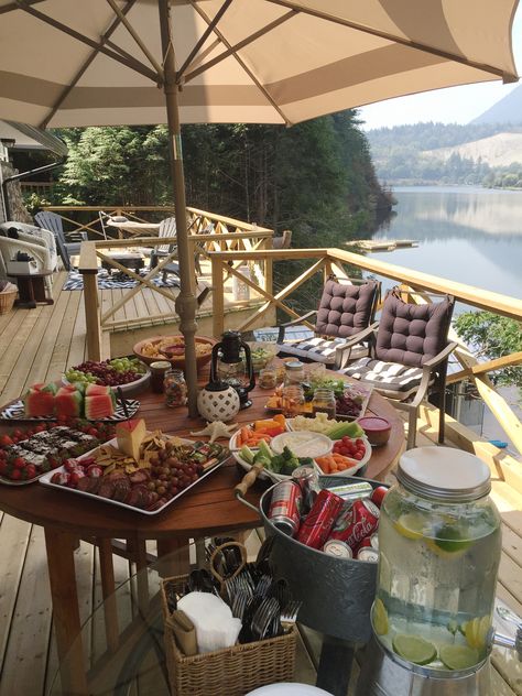 Day At The Lake Food, Lake House Dinners, Lake House Birthday Party, Lake Birthday Party Adult, Lake Party Ideas For Adults, Lake House Party, Cabin Birthday, Bachelorette Food, Lake Restaurant