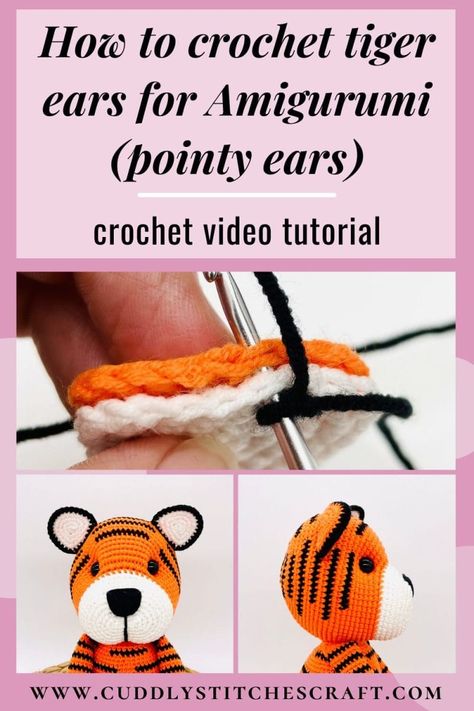 In this crochet video tutorial, I am going to show you an easy way how to crochet tiger ears for Amigurumi. This technique is pretty simple and can be used to crochet pointy ears for any of your crochet toys. All you have to do is change the colours to match your crochet animal and that's it! Visit my blog for more free Amigurumi patterns and tutorials you'll love! #amigurumi #crochet #crochettoys #crochetanimals #crochettechniques Tiger Ears, Yarn Monsters, Amigurumi Tips, Yarn Toys, Crochet Tiger, Lovey Pattern, Crochet Lovey, Pointy Ears, Crochet Amigurumi Free