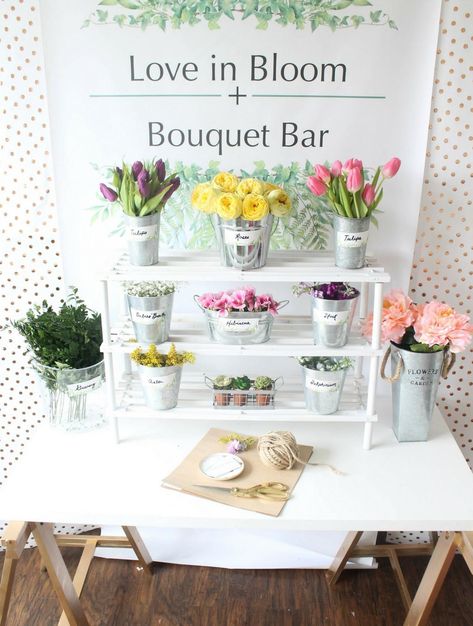 love in bloom bridal shower diy bouquet bar Beach Bridal Shower Decorations, Tea Party Bridal Shower Decorations, Beach Bridal Shower Favors, Bouquet Bar, Diy Bridal Shower Gifts, Garden Party Bridal Shower, Love In Bloom, Garden Bridal Showers, Beach Bridal Showers