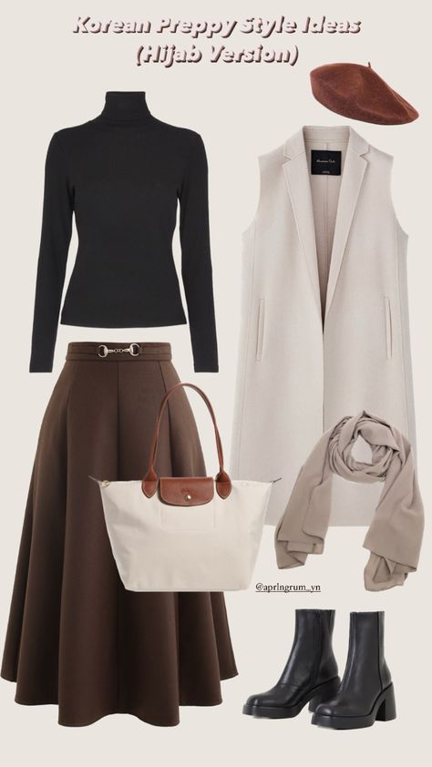 Preppy style hijab friendly Brown Skirt Outfit Hijab, Brown Beret Outfit, Vest Outfits Hijab, Brown Skirt Outfit Ideas, Brown Skirt Long, Short Boots Outfit, Skirt Outfits Hijab, Peppy Style, Brown Skirt Outfit